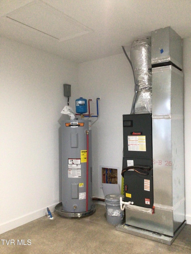 utility room featuring electric water heater and heating unit