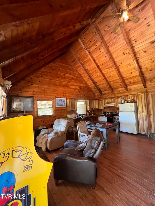 living room with wooden ceiling, dark hardwood / wood-style floors, beamed ceiling, and high vaulted ceiling