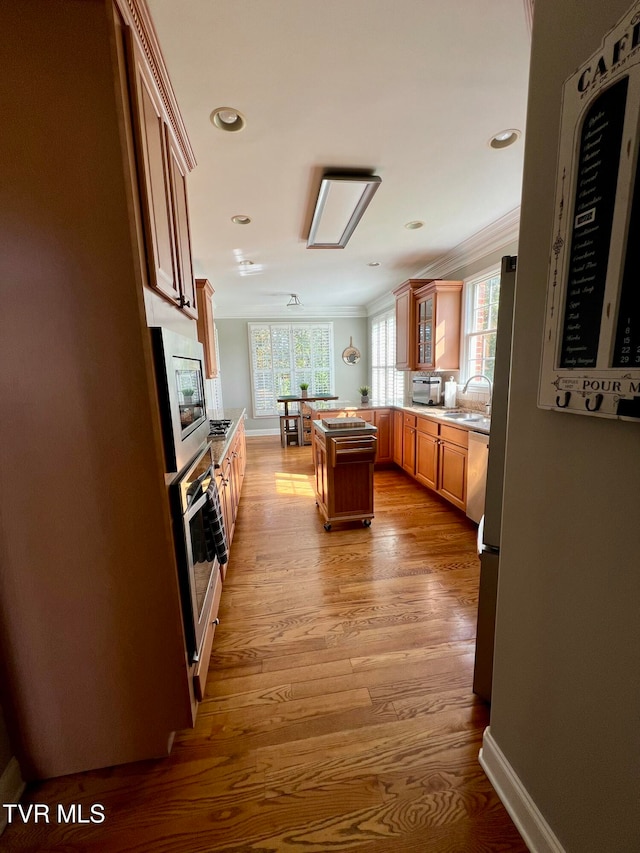 kitchen featuring sink, a kitchen island, light hardwood / wood-style floors, stainless steel appliances, and crown molding