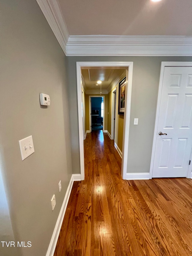 hallway featuring ornamental molding and wood-type flooring