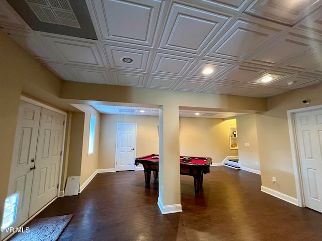 game room featuring billiards and dark hardwood / wood-style flooring