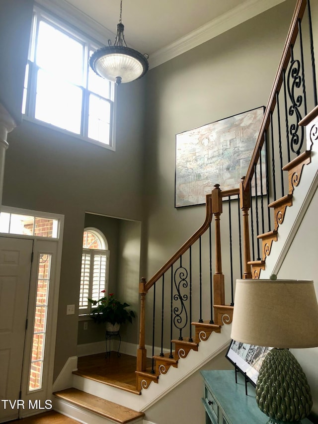 entryway featuring ornamental molding, a wealth of natural light, and a high ceiling