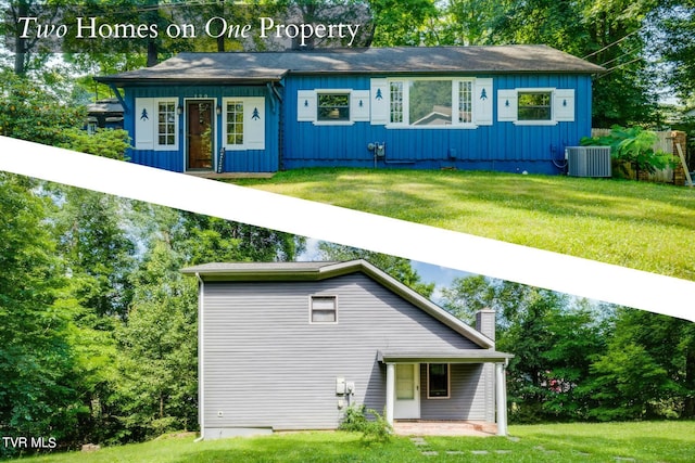 back of house featuring central AC unit and a lawn