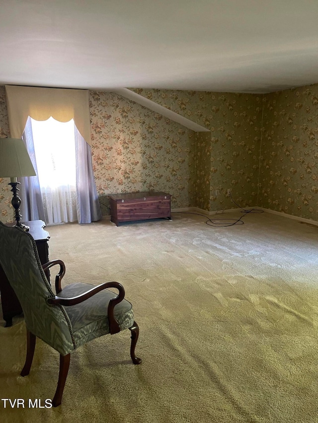 unfurnished room featuring lofted ceiling and carpet