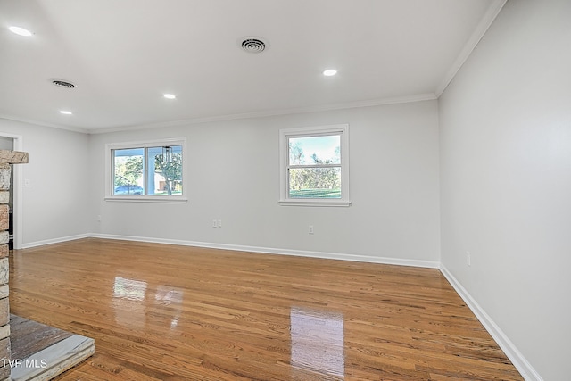 interior space featuring hardwood / wood-style flooring, a fireplace, ornamental molding, and a healthy amount of sunlight