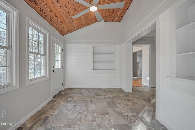 interior space with lofted ceiling, plenty of natural light, wooden ceiling, and built in shelves