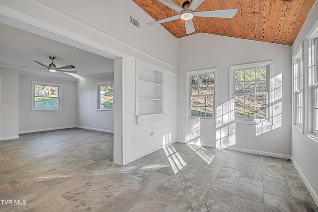 unfurnished room with ceiling fan, plenty of natural light, built in features, and wood ceiling