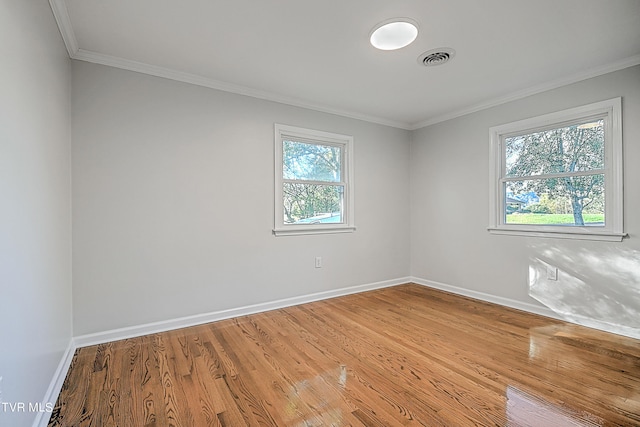 spare room with light wood-type flooring, crown molding, and plenty of natural light