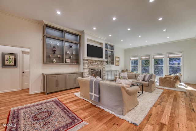 living room featuring a fireplace, crown molding, and light hardwood / wood-style flooring