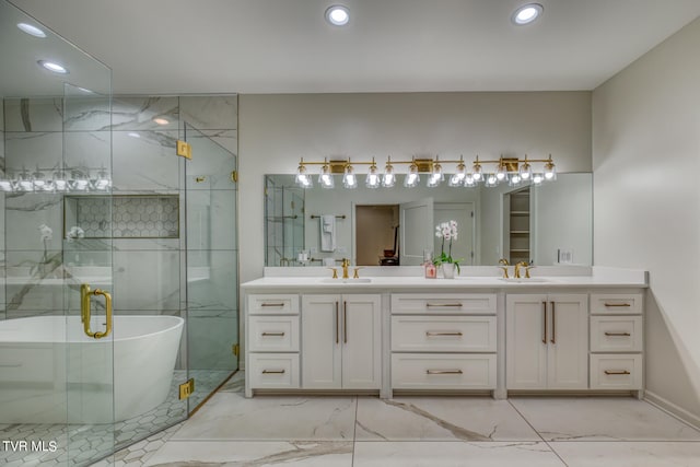 bathroom with plus walk in shower and vanity