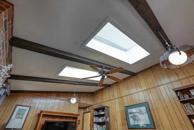 interior details featuring beamed ceiling and wood walls