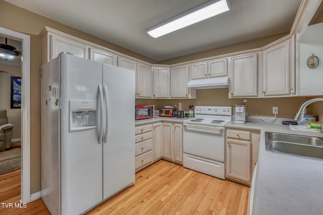 kitchen featuring electric range, white fridge with ice dispenser, a textured ceiling, light wood-type flooring, and sink