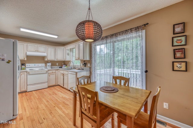 kitchen with light hardwood / wood-style flooring, sink, decorative light fixtures, white cabinetry, and white appliances