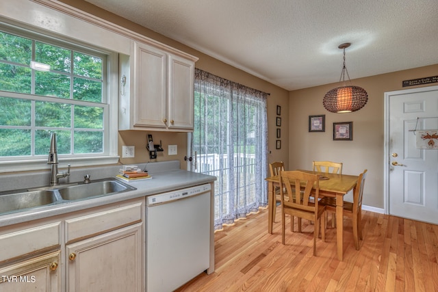 kitchen featuring pendant lighting, white dishwasher, sink, and light wood-type flooring