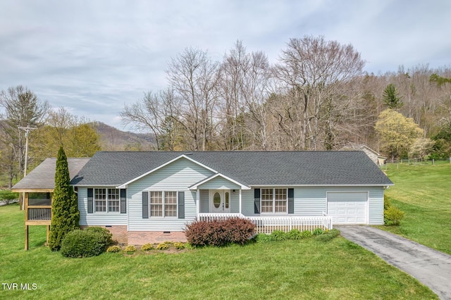 105 Buckner Dr, Roan Mountain, TN 37687 - ranch-style home featuring aphalt driveway, a front lawn, crawl space, covered porch, and a garage