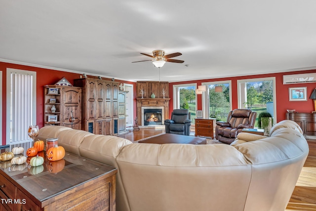 living room with ceiling fan, crown molding, and light hardwood / wood-style floors