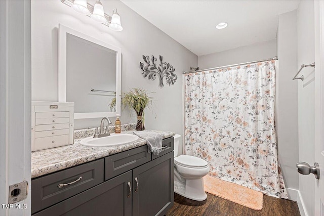 bathroom with hardwood / wood-style flooring, vanity, toilet, and curtained shower