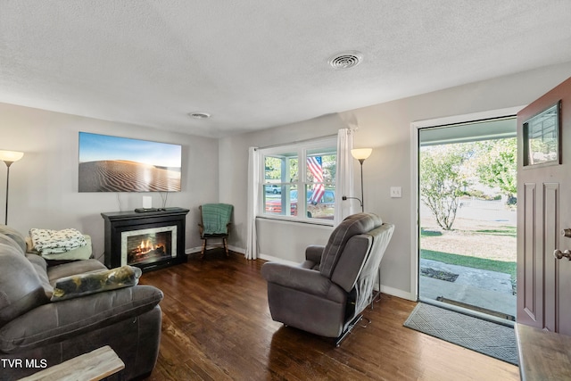 sitting room featuring a textured ceiling, dark hardwood / wood-style flooring, and a healthy amount of sunlight