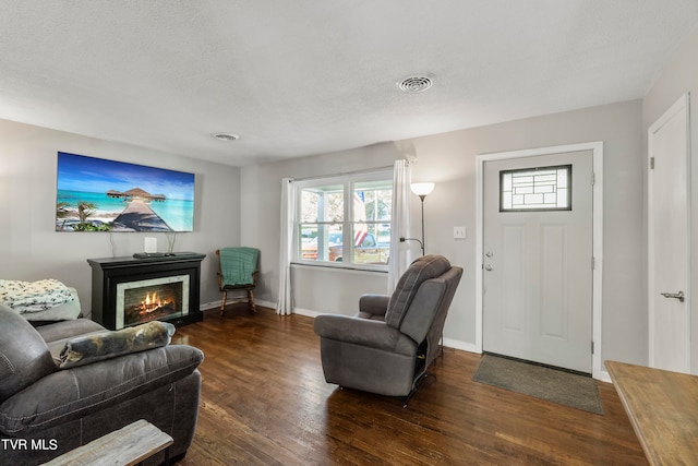 living room with a textured ceiling and dark hardwood / wood-style flooring