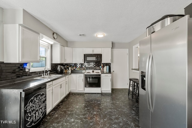 kitchen featuring white cabinetry, electric range, sink, stainless steel fridge with ice dispenser, and a textured ceiling