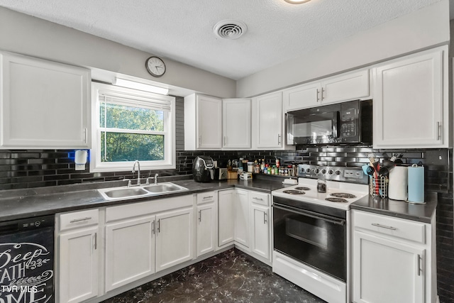 kitchen with black appliances, decorative backsplash, sink, and white cabinets