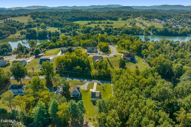 drone / aerial view with a water and mountain view