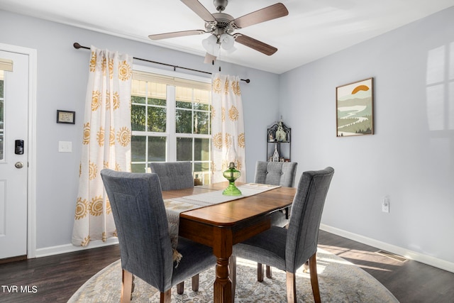 dining room featuring ceiling fan and dark wood-type flooring