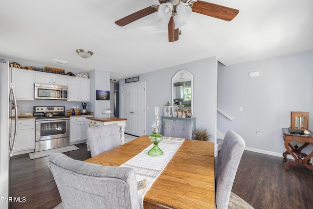 dining area featuring ceiling fan and dark hardwood / wood-style flooring