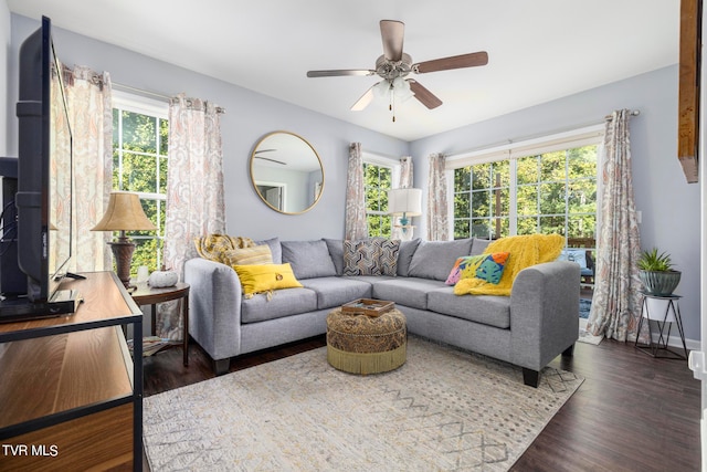 living room with ceiling fan, dark hardwood / wood-style floors, and a healthy amount of sunlight