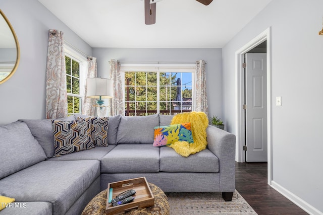 living room featuring ceiling fan and dark hardwood / wood-style floors