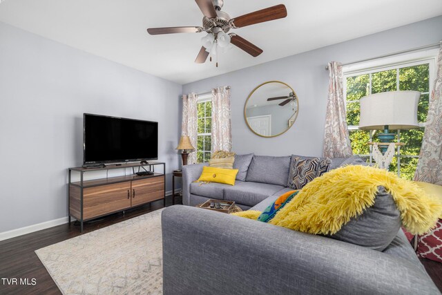 living room with ceiling fan and dark hardwood / wood-style flooring