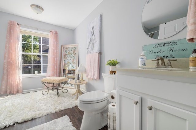 bathroom featuring hardwood / wood-style flooring, vanity, and toilet