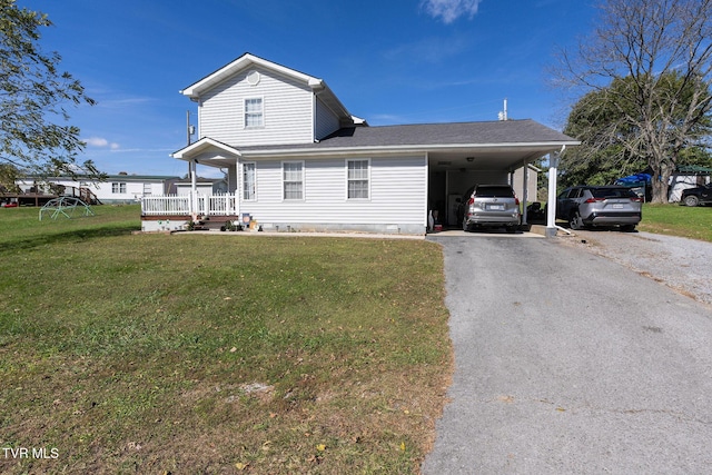 view of property exterior with a yard, crawl space, an attached carport, driveway, and roof with shingles