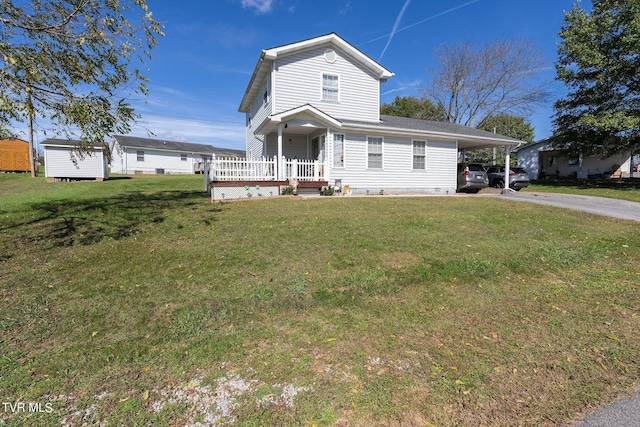 view of front of house featuring driveway, crawl space, a front lawn, an attached carport, and a porch