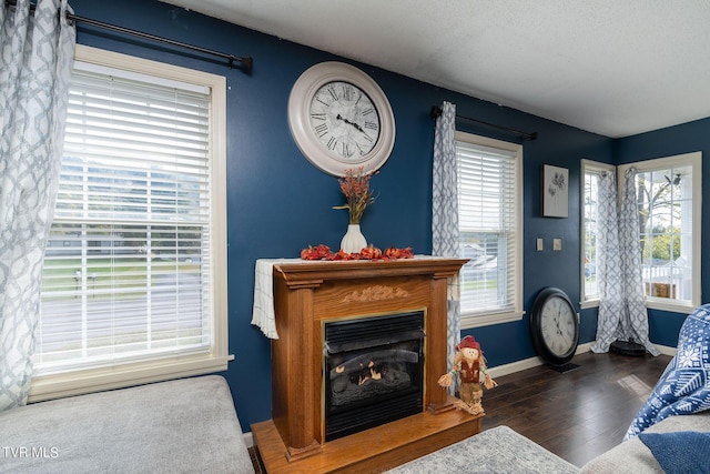living area featuring baseboards, wood finished floors, and a fireplace with flush hearth
