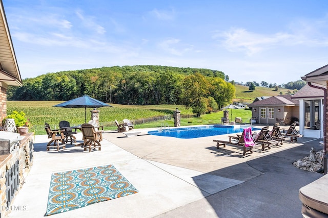 view of swimming pool with french doors and a patio