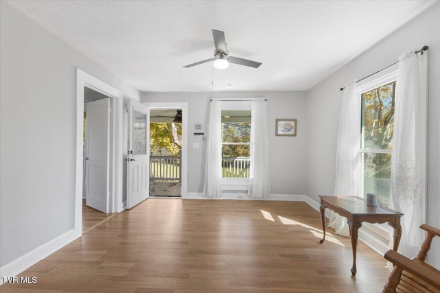 doorway to outside with ceiling fan, a textured ceiling, and hardwood / wood-style floors