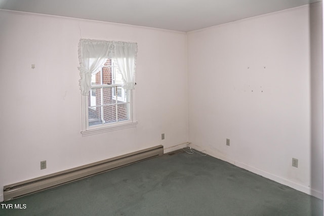 1021 Tusculum Blvd, Greeneville, TN 37745 - unfurnished room with ornamental molding, a baseboard radiator, dark colored carpet, and baseboards