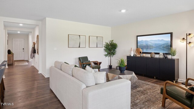 living room with dark wood-type flooring