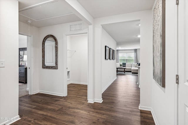 hallway featuring dark wood-type flooring