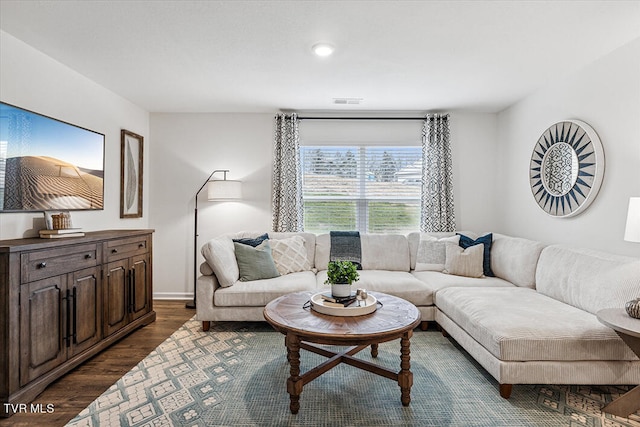 living room with dark hardwood / wood-style floors