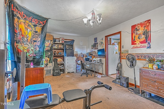 interior space featuring carpet floors, a chandelier, and a textured ceiling