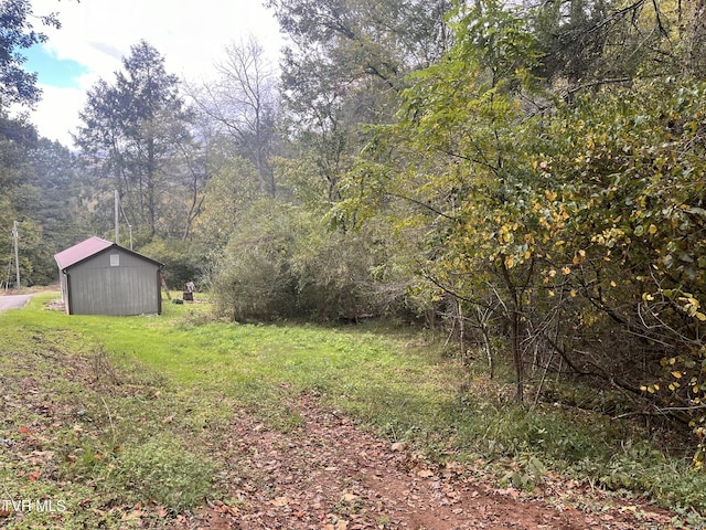 view of yard featuring a view of trees, an outdoor structure, and a storage unit