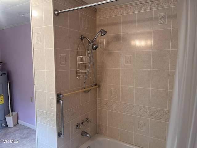 full bath with  shower combination, water heater, and ornamental molding