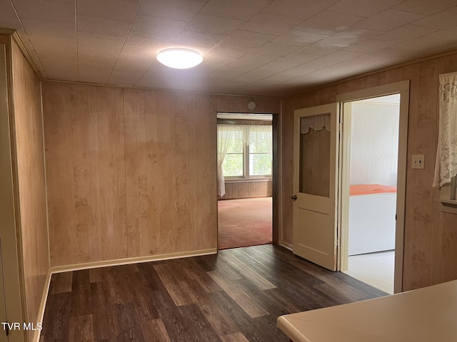 empty room featuring wood walls, baseboards, and dark wood-style floors
