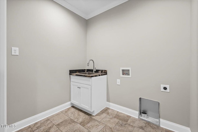 laundry room with hookup for a washing machine, a sink, baseboards, cabinet space, and electric dryer hookup