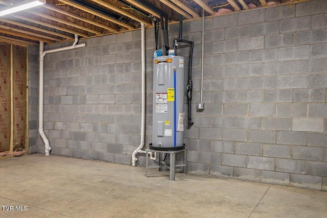 unfinished basement with electric water heater