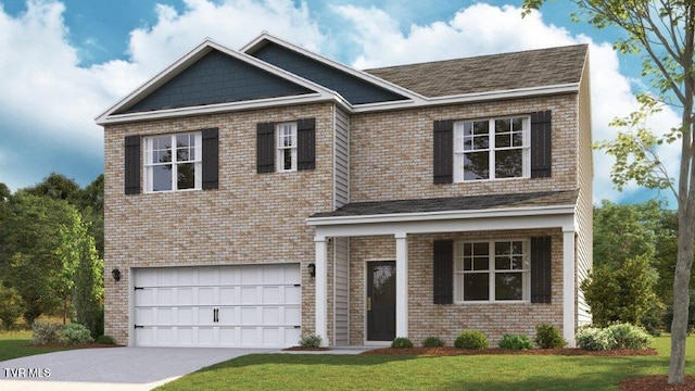 craftsman inspired home with a garage, concrete driveway, a front lawn, and brick siding