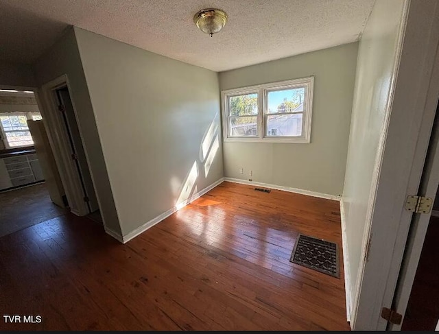 empty room with a textured ceiling, a healthy amount of sunlight, and wood-type flooring