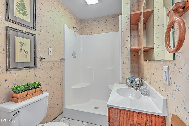 full bath with toilet, wallpapered walls, marble finish floor, a shower stall, and vanity